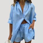 Dam matchande set linne sommar med skjorta och shorts oversized