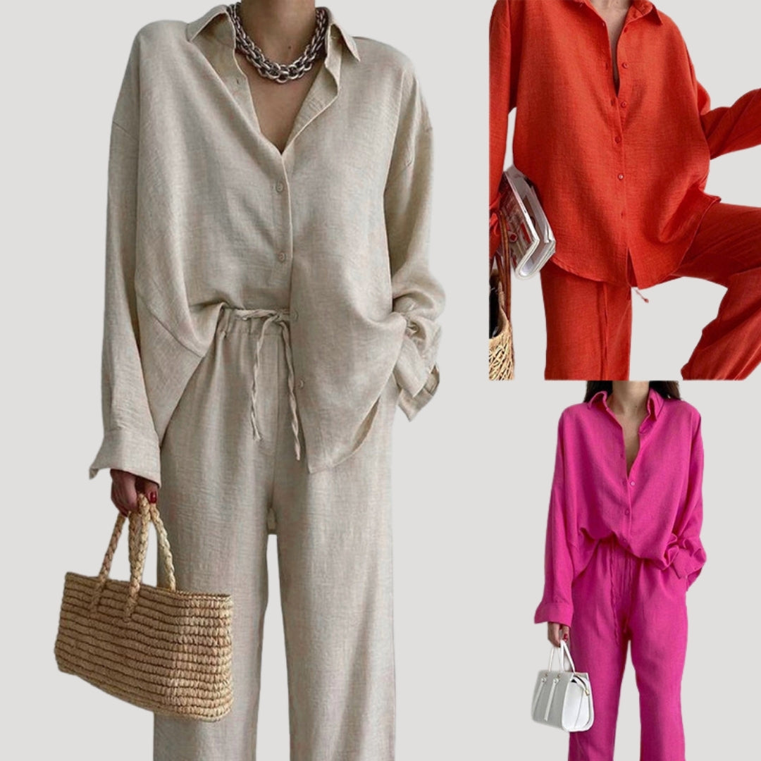 Dam tvådelat linneset med skjorta och byxor