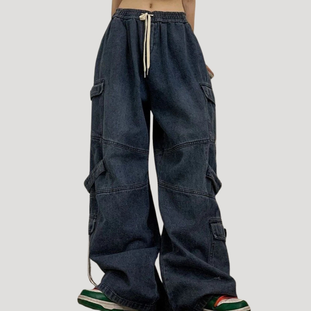 Dam mörkblå baggy cargojeans med vida ben och lös passform