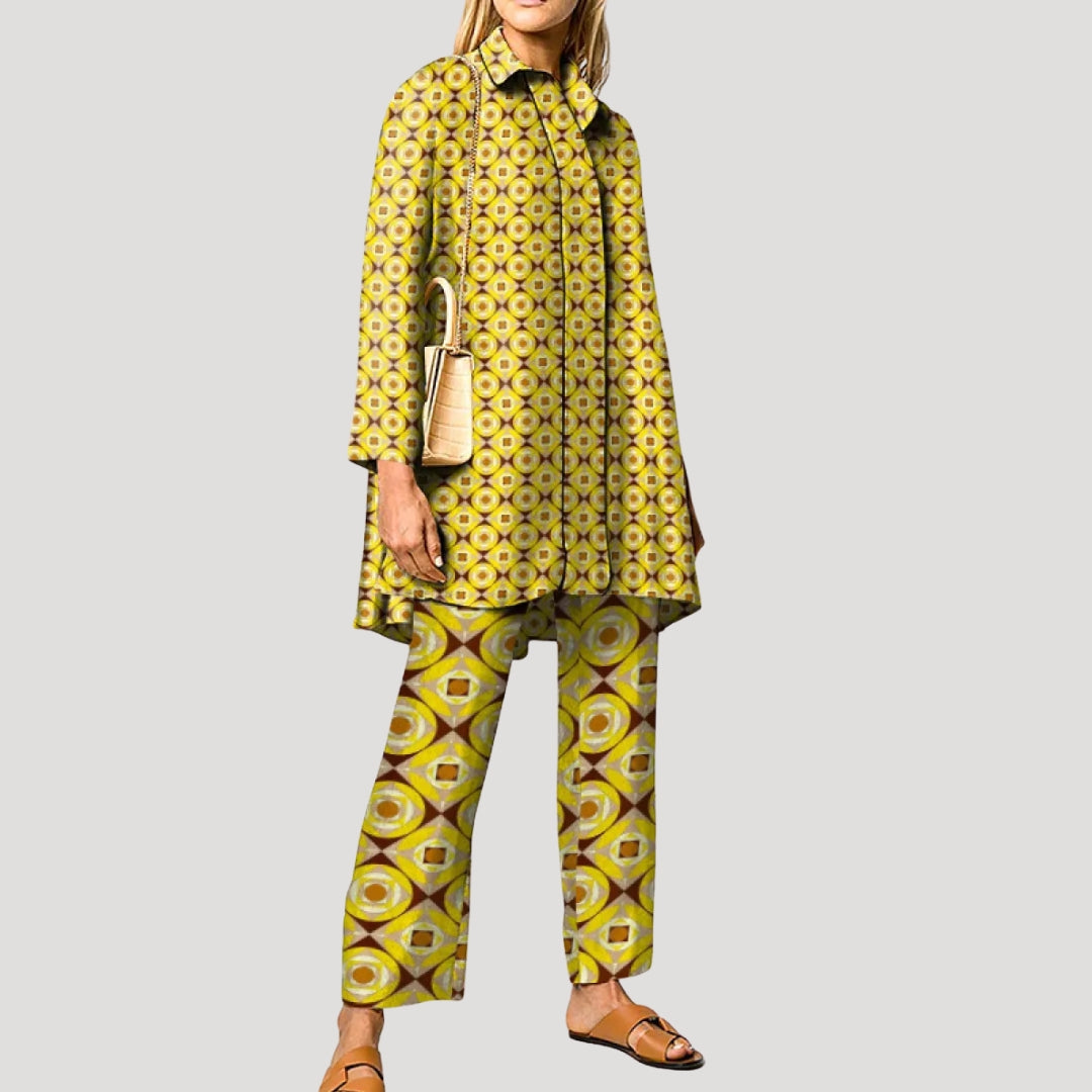 Dam matchande set sommar mönstrad skjorta och raka byxor