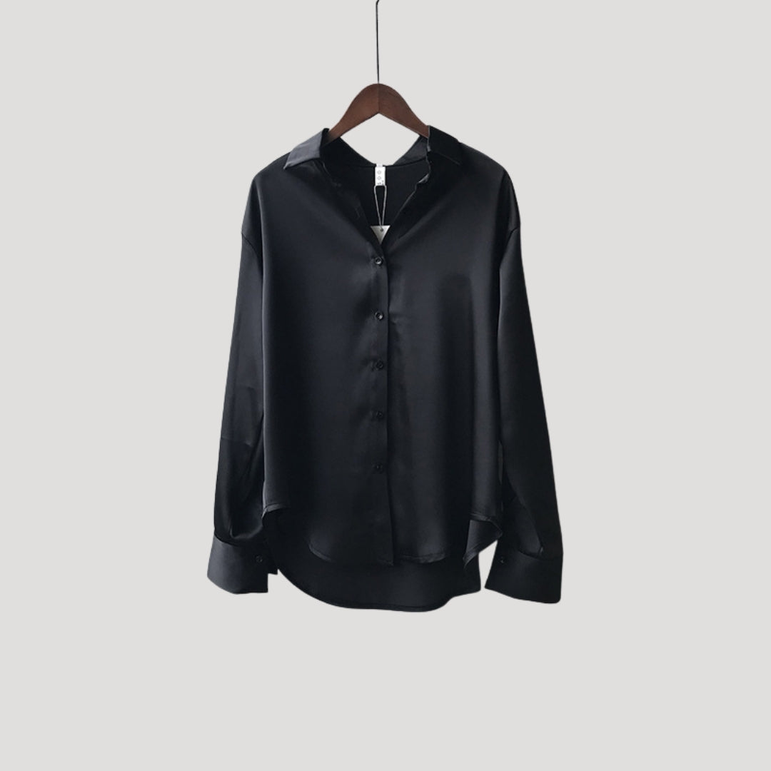 Dam sidenblus i satin långärmad skjortmodell