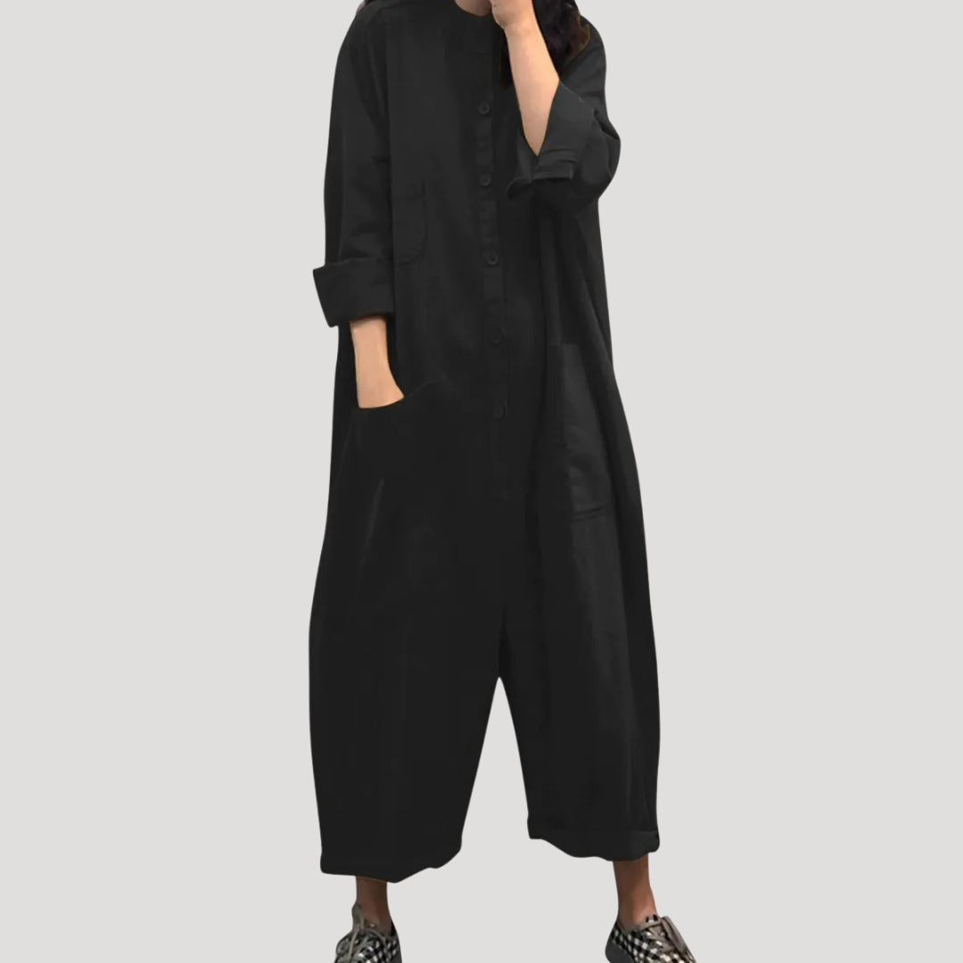 Dam långärmad jumpsuit byxdress midi längd elegant passform