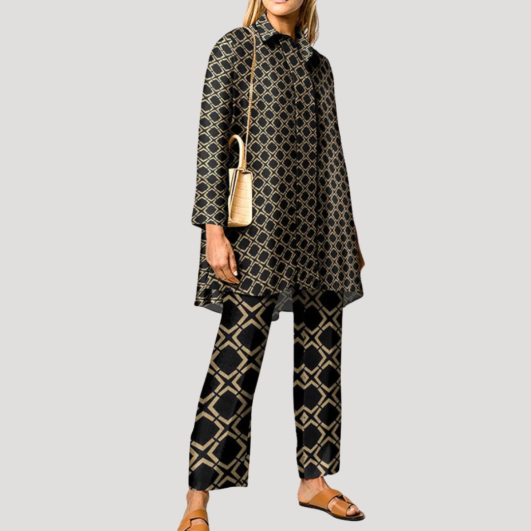 Dam matchande set sommar mönstrad skjorta och raka byxor