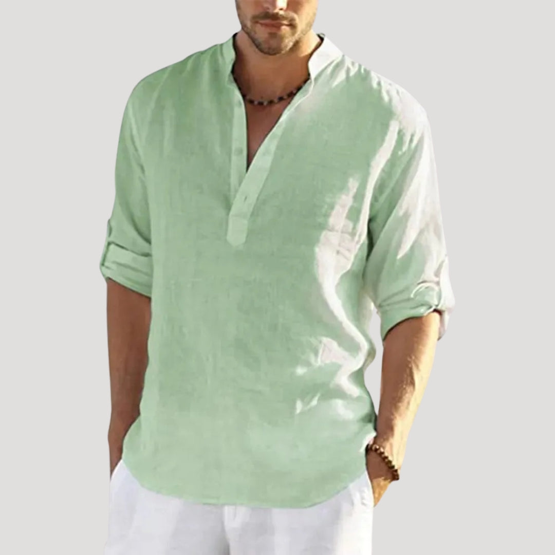 Herr långärmad linneskjorta i linne med ståkrage