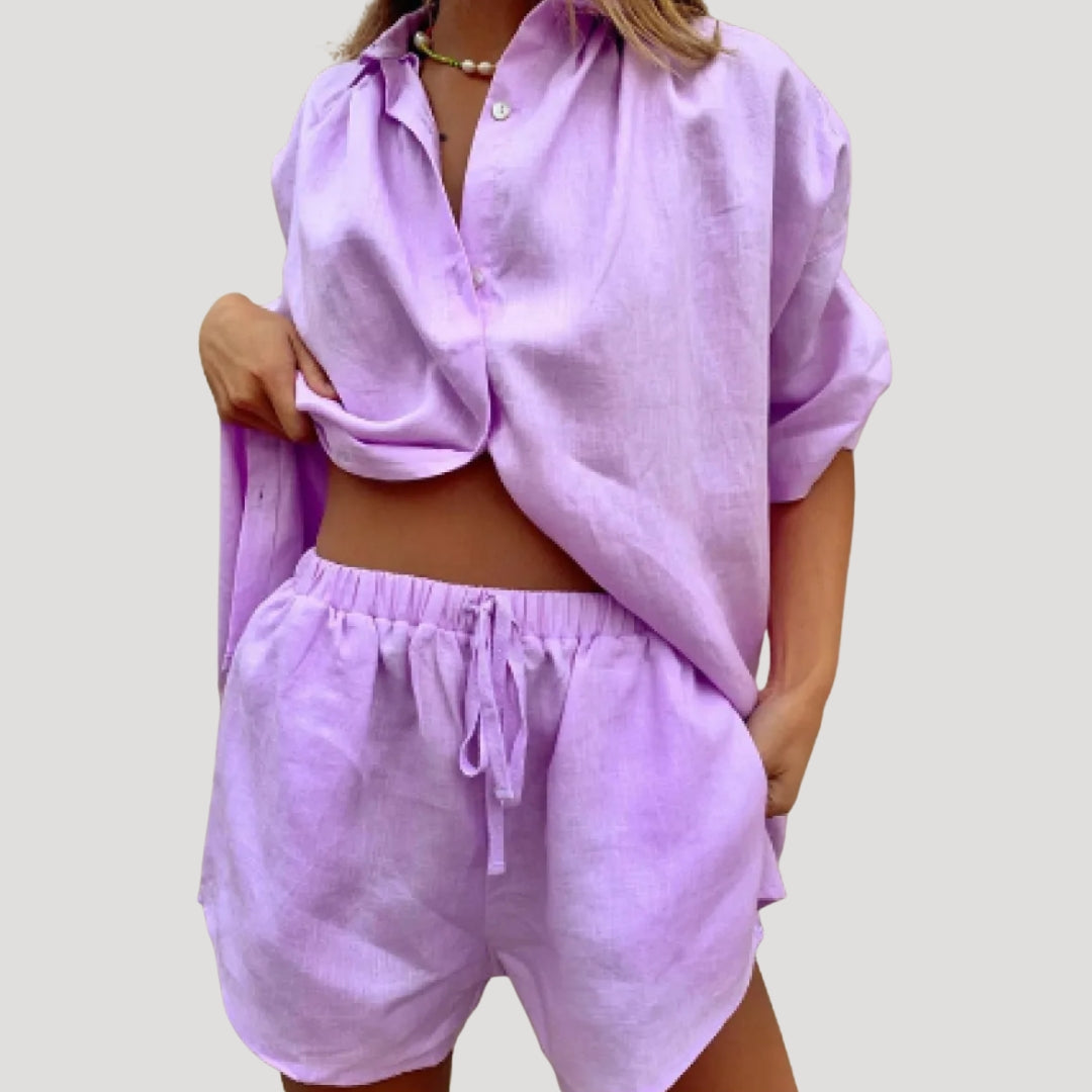 Dam matchande set linne sommar med skjorta och shorts oversized