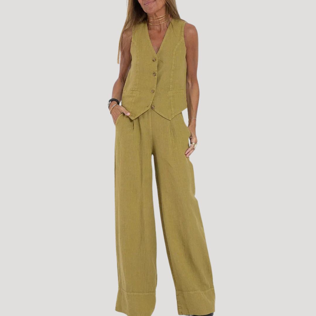 Dam tvådelat set med väst och linnebyxor