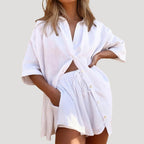 Dam matchande set linne sommar med skjorta och shorts oversized