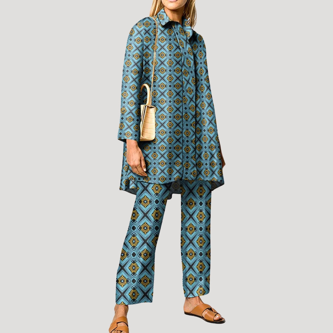 Dam matchande set sommar mönstrad skjorta och raka byxor