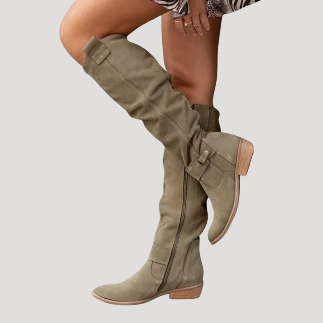 Knähöga stövlar dam – höga boots med låg klack