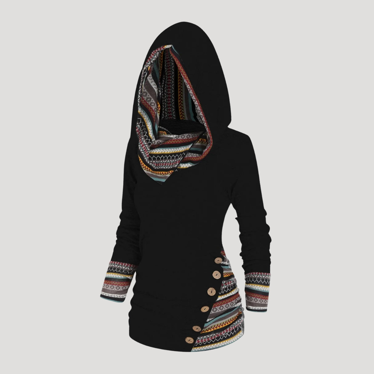 Dam lång hoodie med huva och knappar snygga myskläder