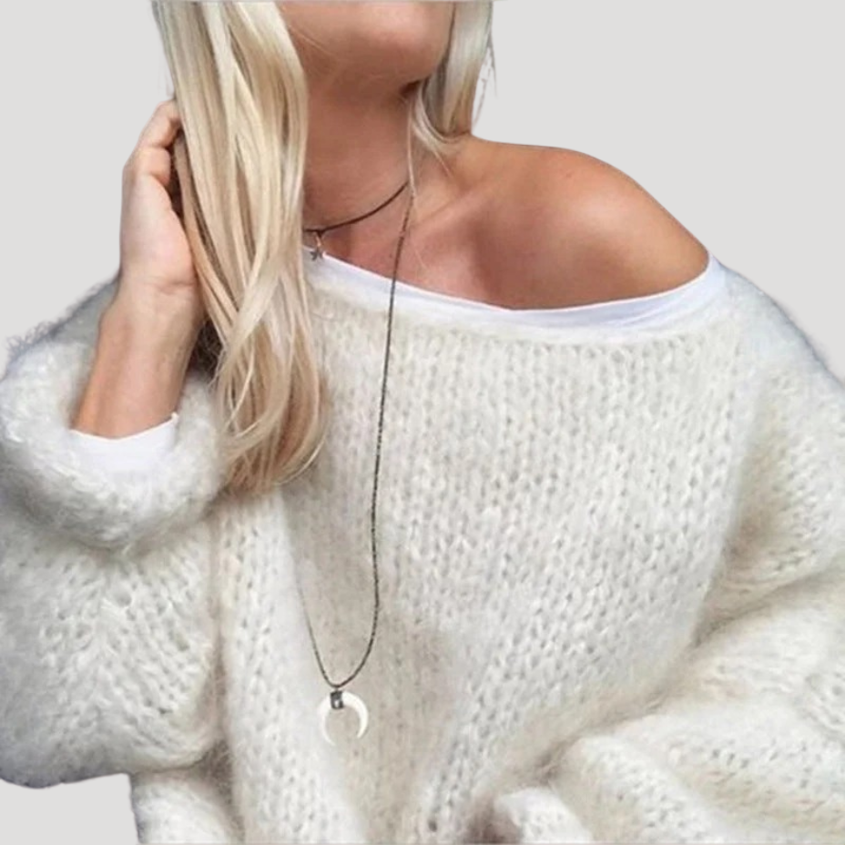 Dam Stickad Tröja Off Shoulder Långärmad Bred Halsringning