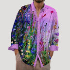 Herr mönstrad linne skjorta långärmad lös passform