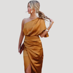 Dam Festklänning Midiklänning Satin One Shoulder Draperad Asymmetrisk