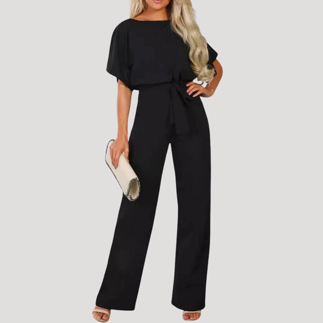 Dam jumpsuit kort ärm knytmidja vida ben elegant stil