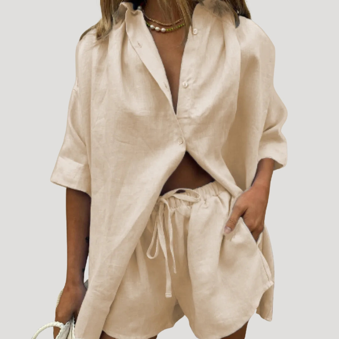 Dam matchande set linne sommar med skjorta och shorts oversized