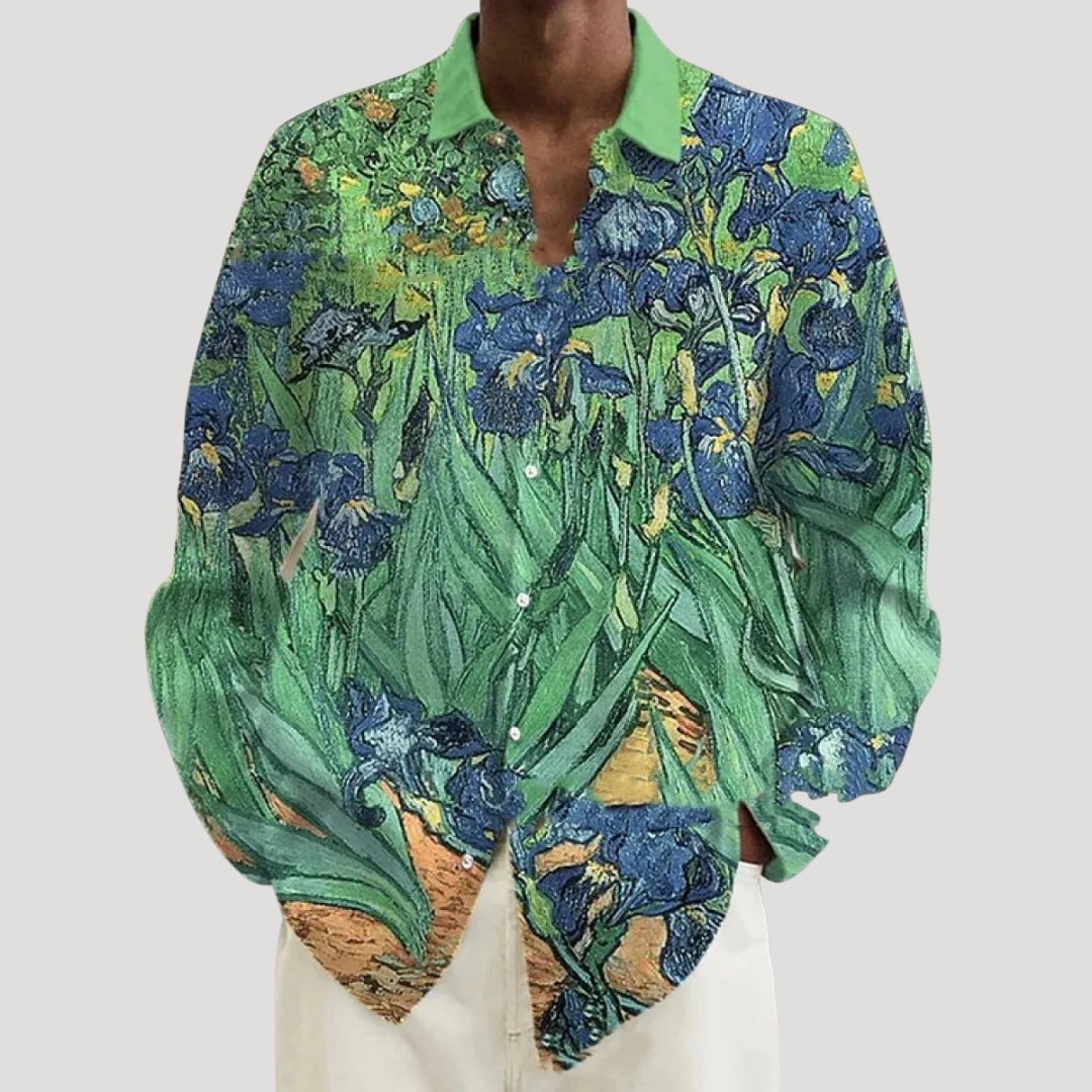 Herr mönstrad linne skjorta långärmad lös passform