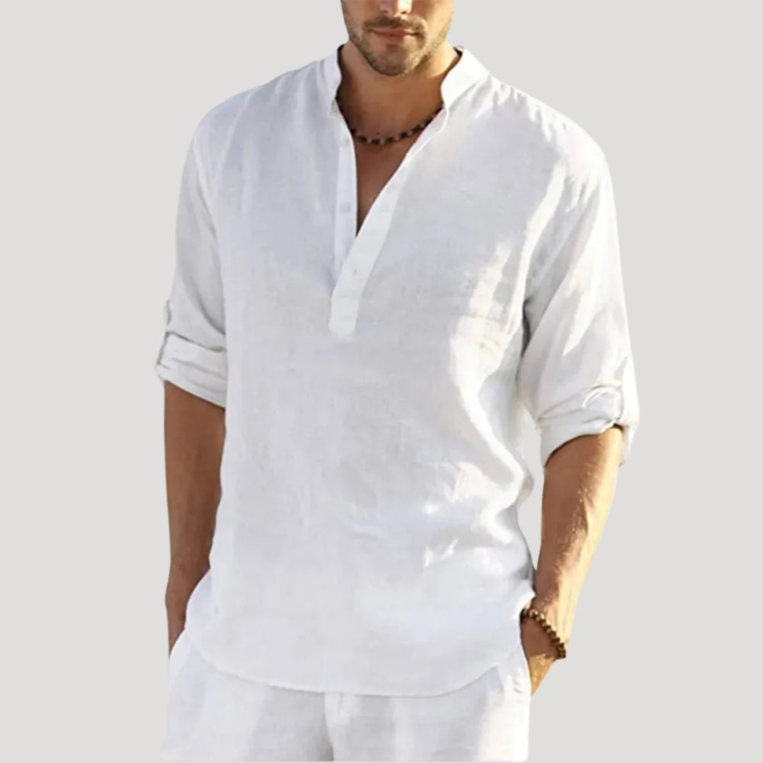 Herr långärmad linneskjorta i linne med ståkrage