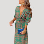 Sommarklänning dam midiklänning med v-ringning och tryck