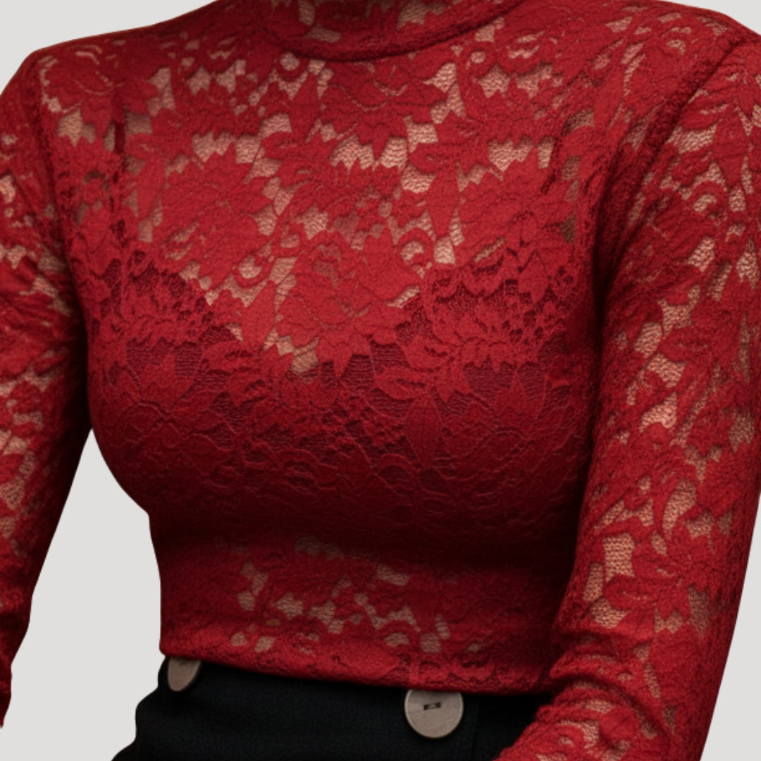 Dam långärmad topp med spets och hög hals