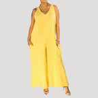 Dam jumpsuit byxdress i linne med vida ben