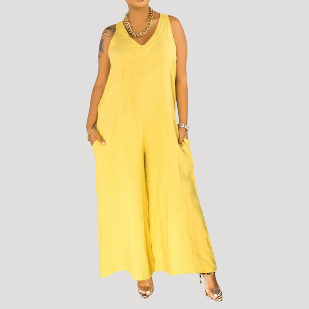 Dam jumpsuit byxdress i linne med vida ben