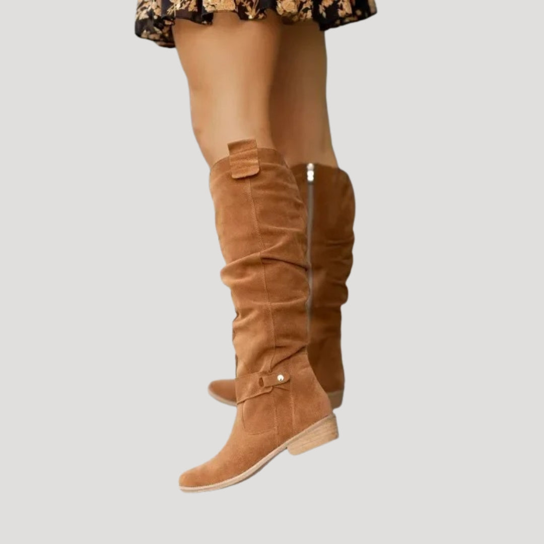 Knähöga stövlar dam – höga boots med låg klack