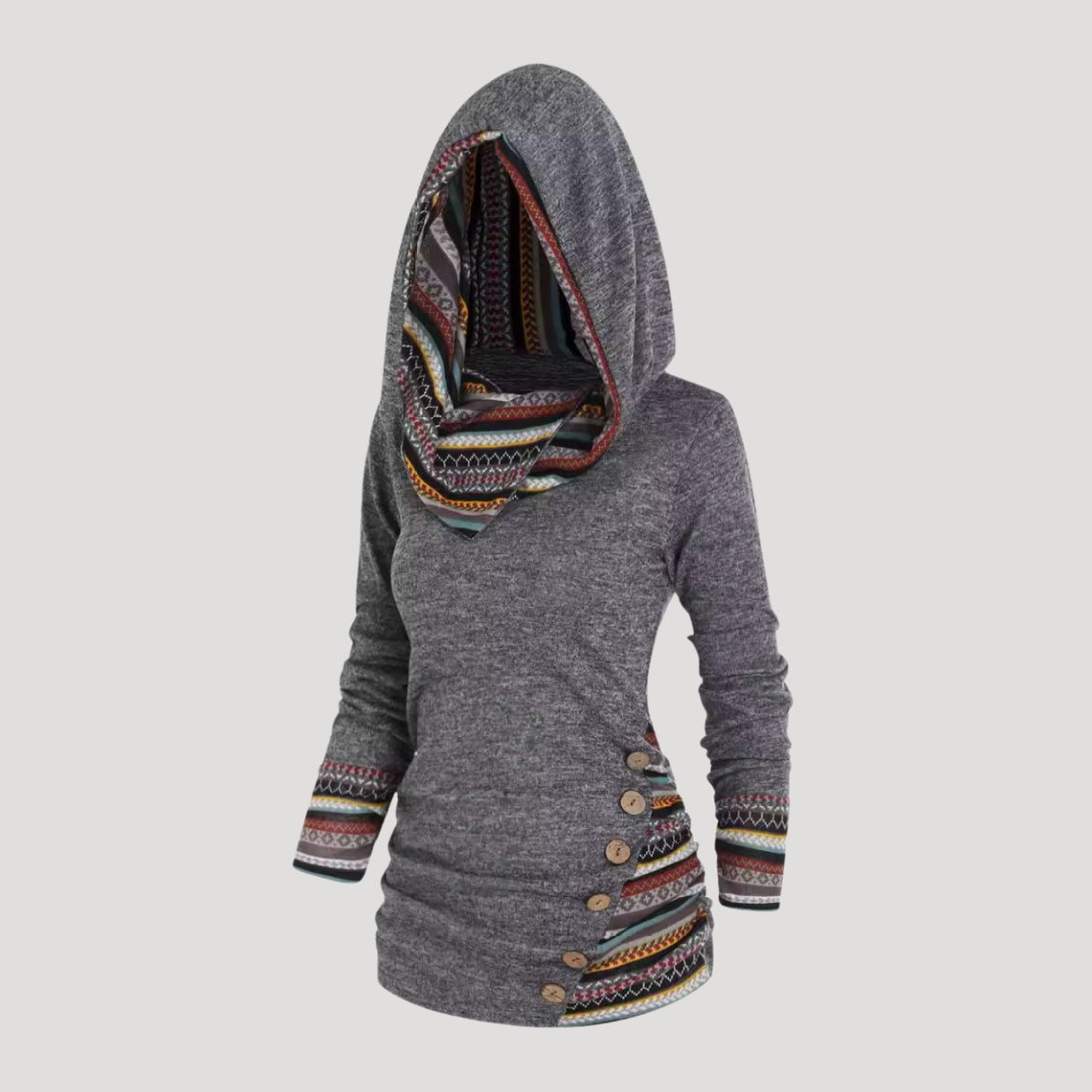 Dam lång hoodie med huva och knappar snygga myskläder