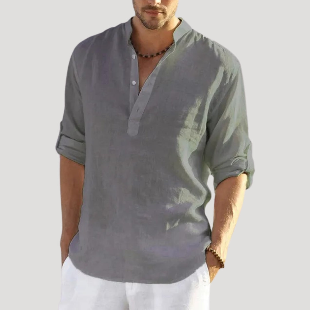 Herr långärmad linneskjorta i linne med ståkrage