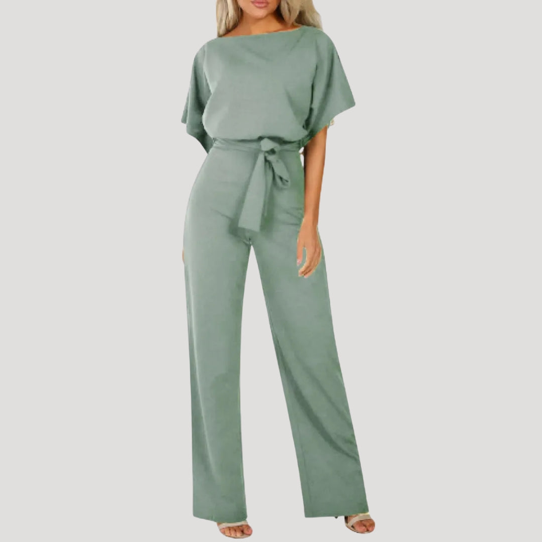 Dam jumpsuit kort ärm knytmidja vida ben elegant stil