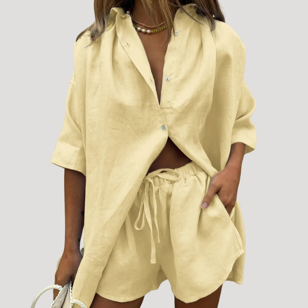 Dam matchande set linne sommar med skjorta och shorts oversized