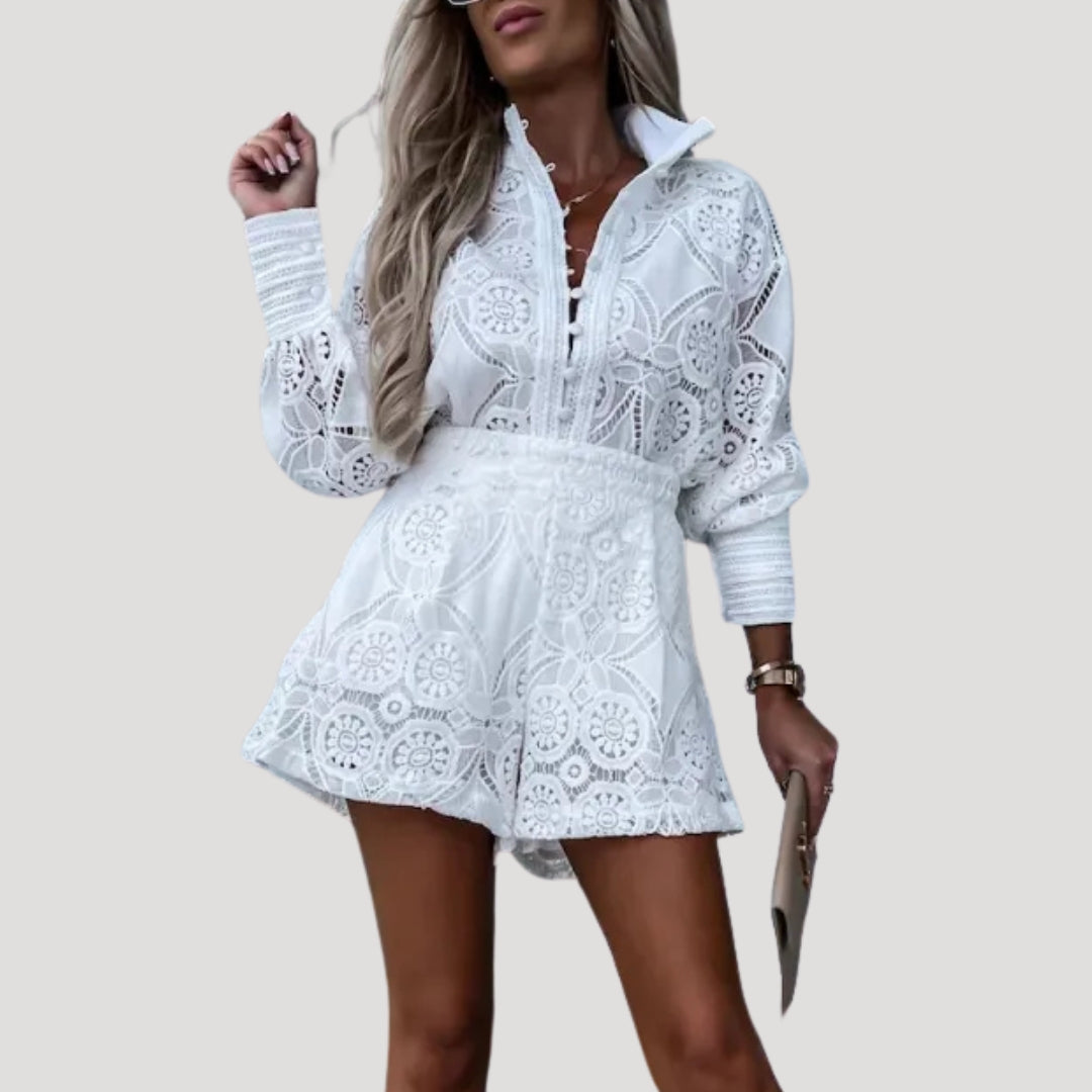 Dam långärmad spets playsuit med knappar