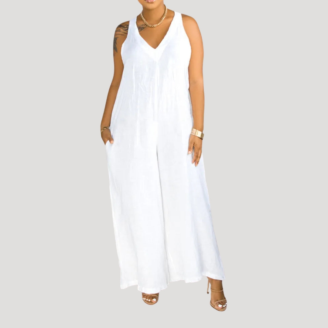 Dam jumpsuit byxdress i linne med vida ben