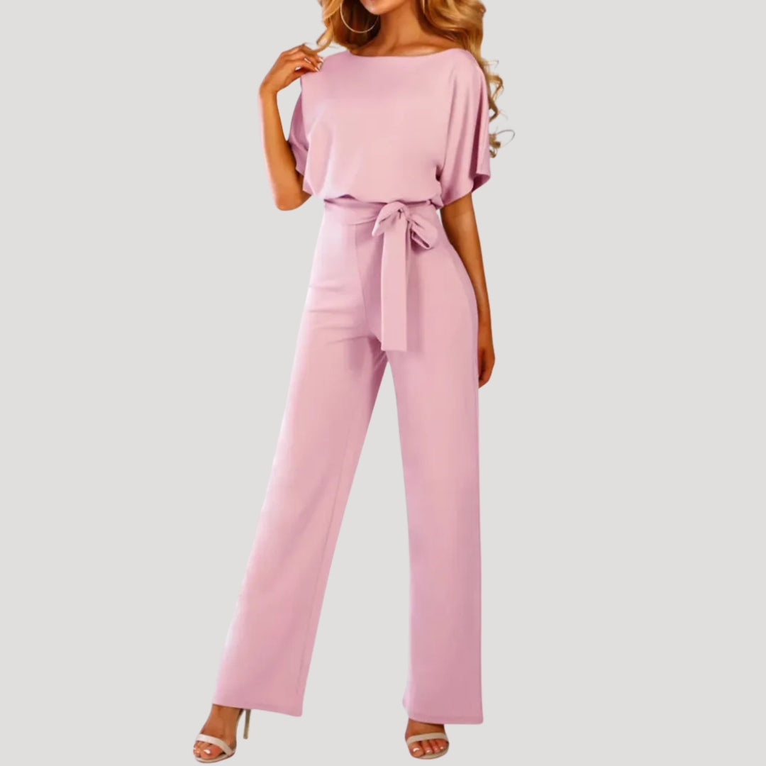 Dam jumpsuit kort ärm knytmidja vida ben elegant stil