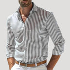 Herr linne skjorta randig slim fit långärmad klassisk stil
