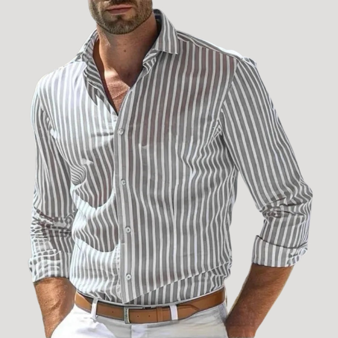 Herr linne skjorta randig slim fit långärmad klassisk stil