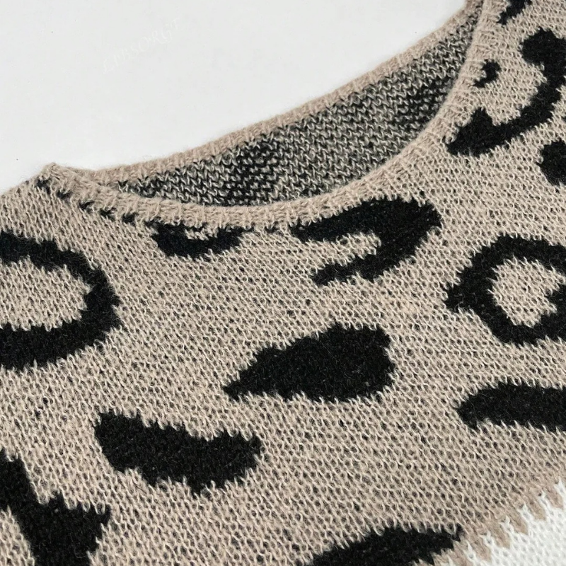 Dam Stickad Tröja Leopardmönster Färgblock Långärmad