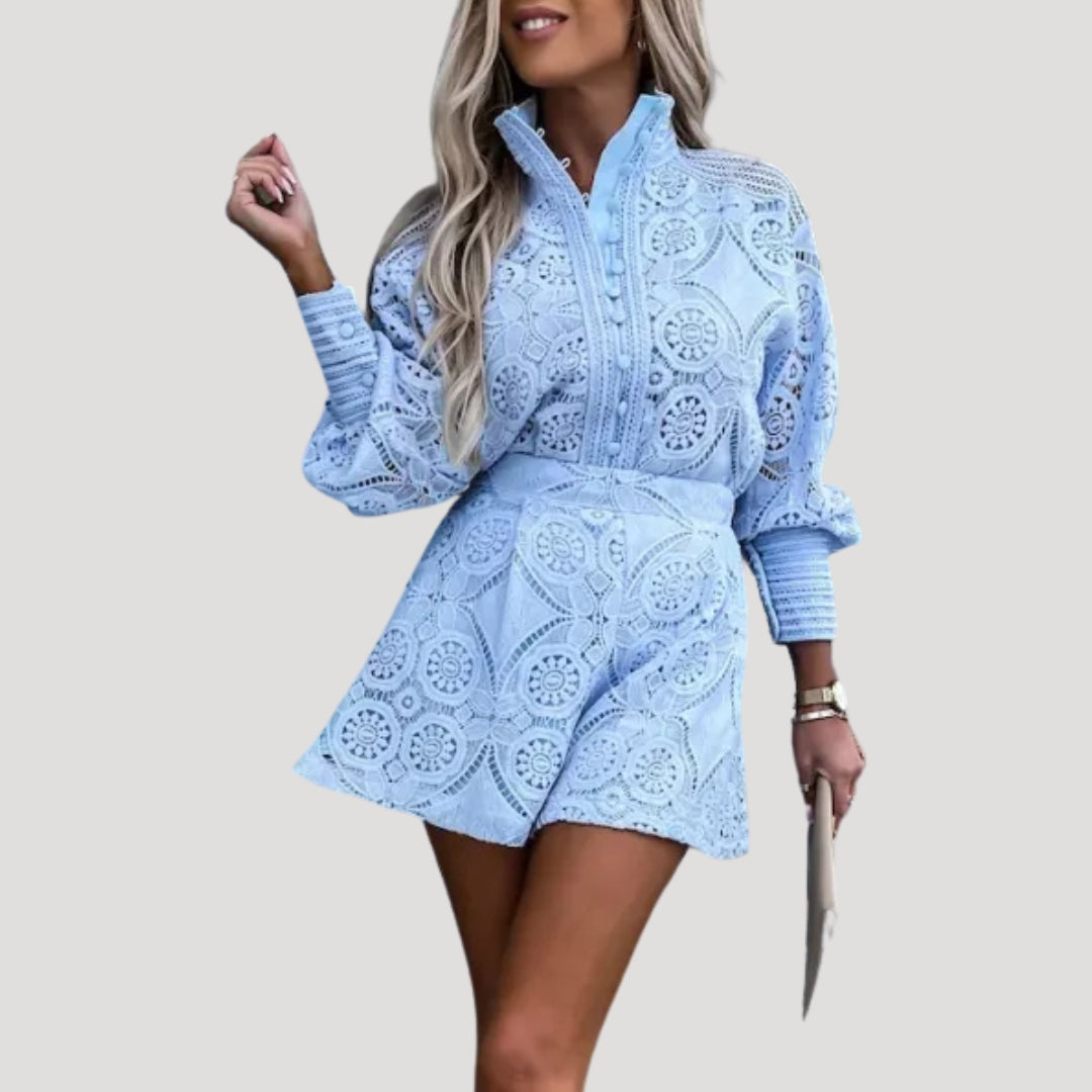 Dam långärmad spets playsuit med knappar