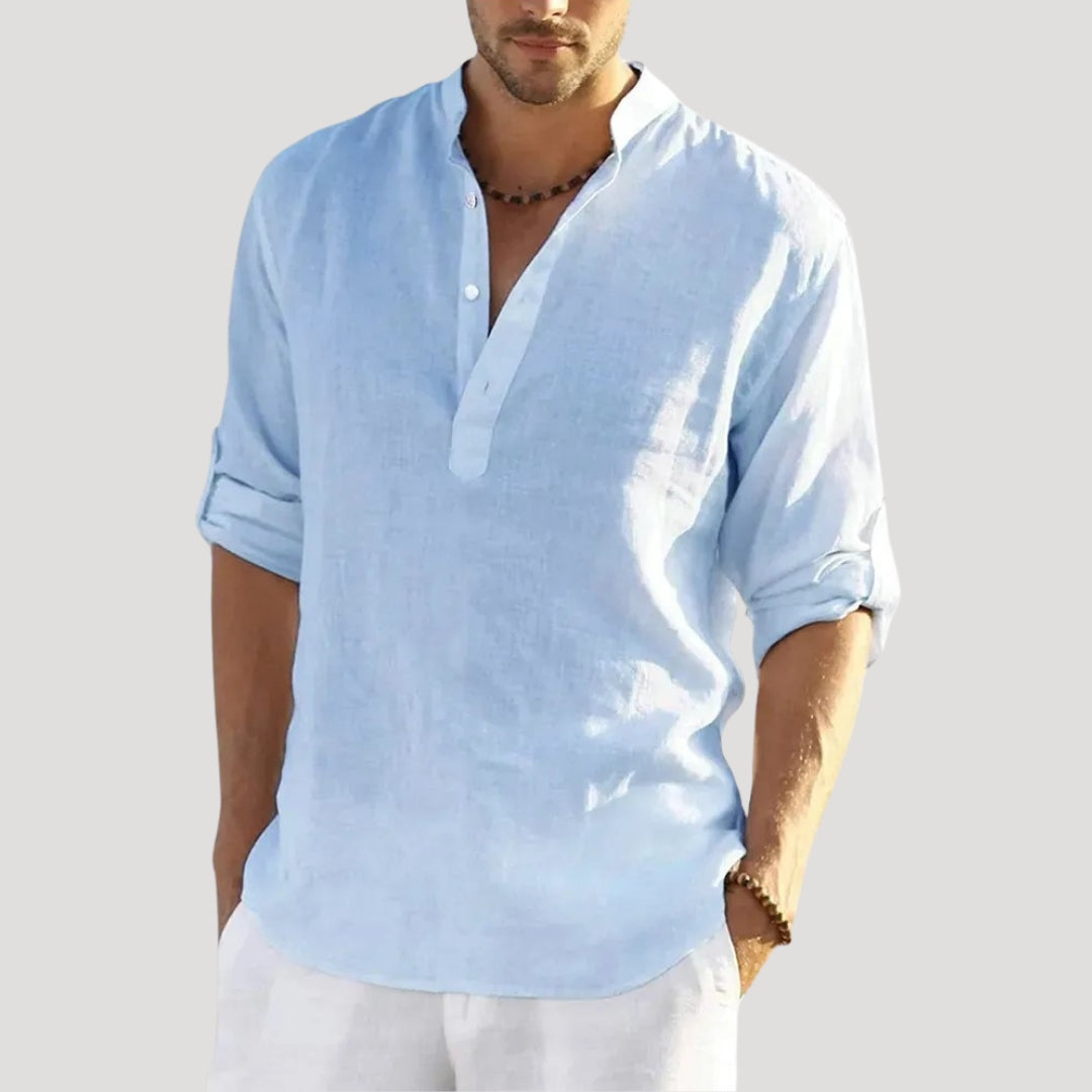 Herr långärmad linneskjorta i linne med ståkrage