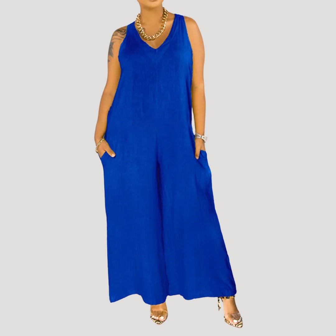 Dam jumpsuit byxdress i linne med vida ben