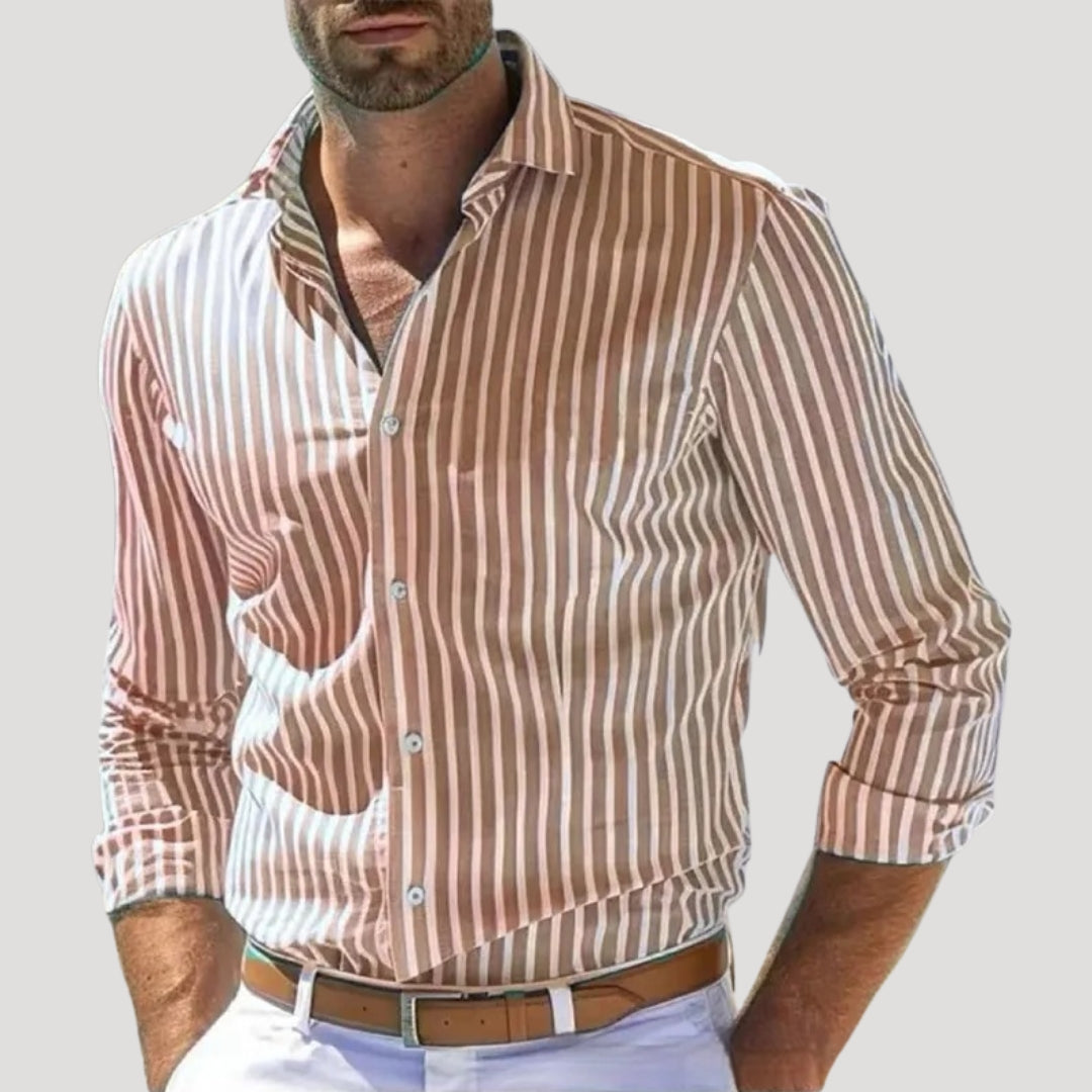 Herr linne skjorta randig slim fit långärmad klassisk stil