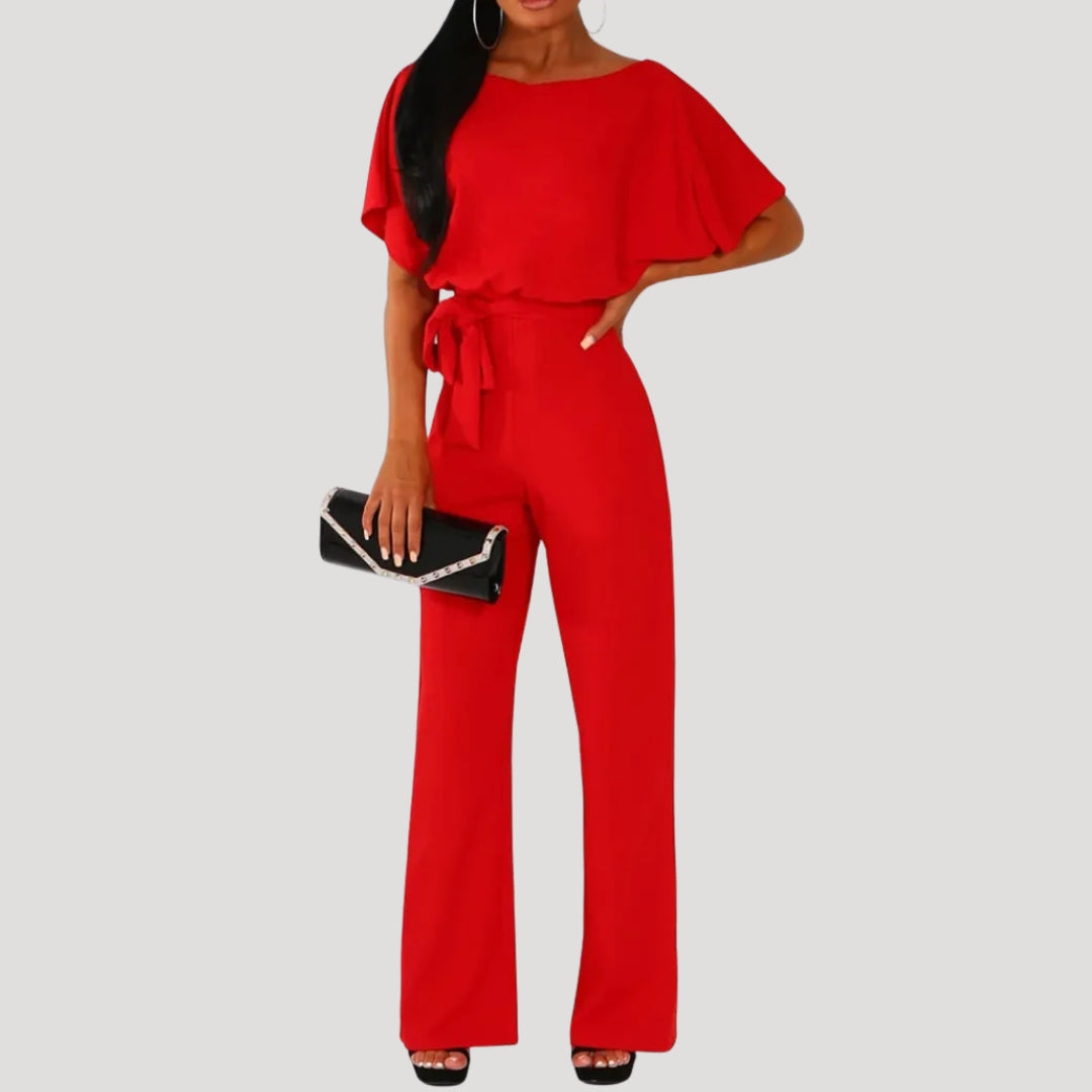 Dam jumpsuit kort ärm knytmidja vida ben elegant stil