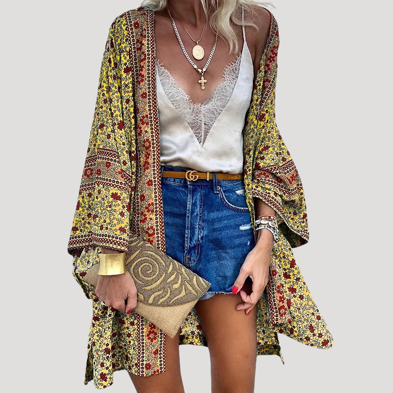 Dam Kimono Lång Mönstrad Öppen Långärmad Boho Cardigan