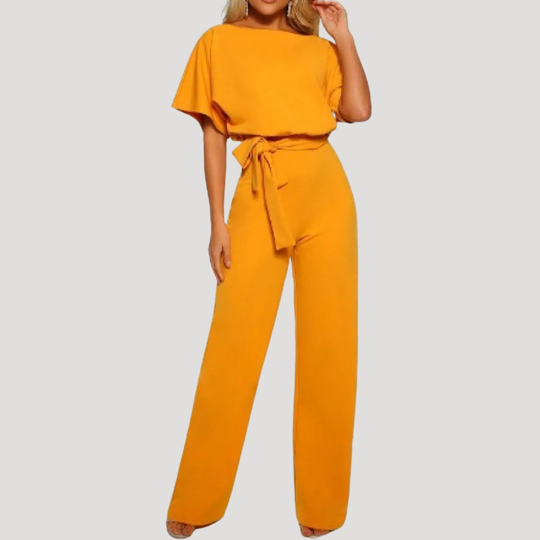 Dam jumpsuit kort ärm knytmidja vida ben elegant stil