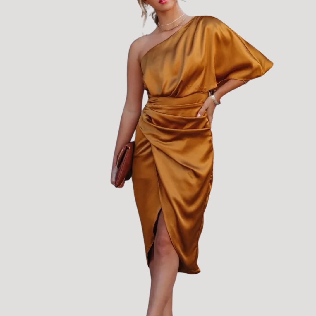 Dam elegant draperad midiklänning fest asymmetrisk stil