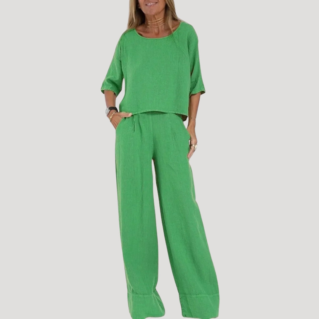 Dam tvådelat linneset med vida byxor linne topp