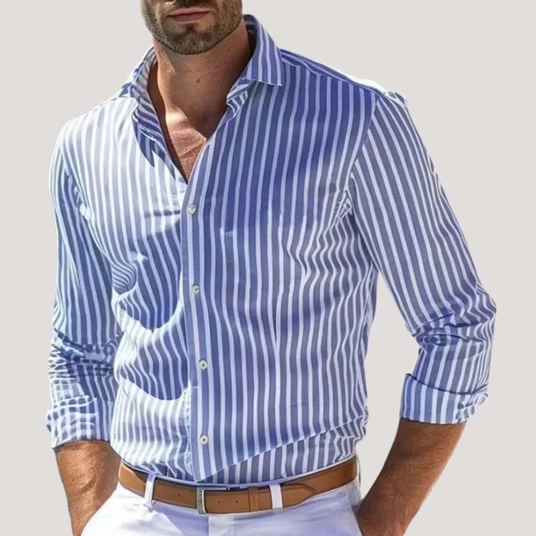 Herr linne skjorta randig slim fit långärmad klassisk stil