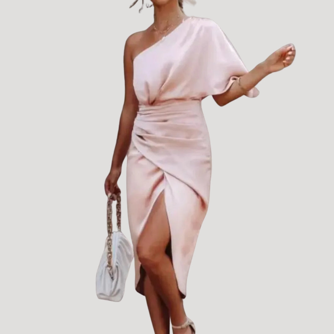 Dam elegant draperad midiklänning fest asymmetrisk stil