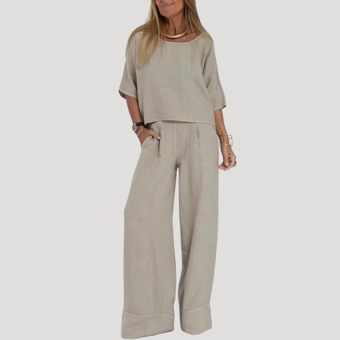 Dam tvådelat linneset med vida byxor linne topp