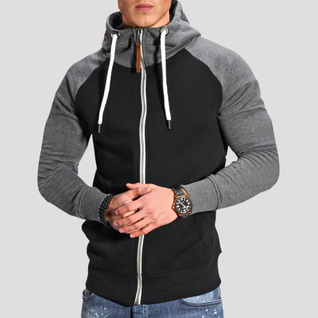 Herr hoodie med dragkedja och kontrastfärgade ärmar stilren