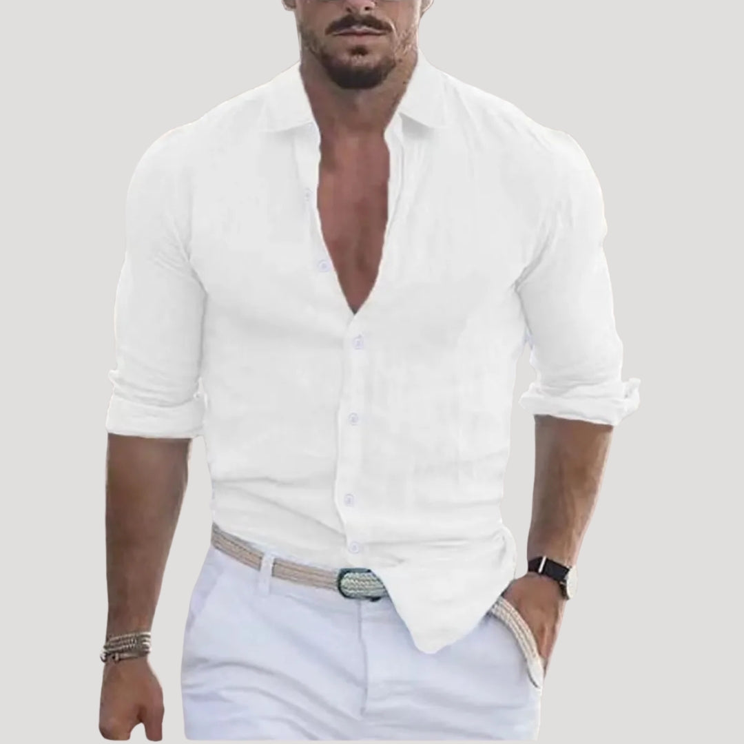 Herr slim fit långärmad linne skjorta knappad modell